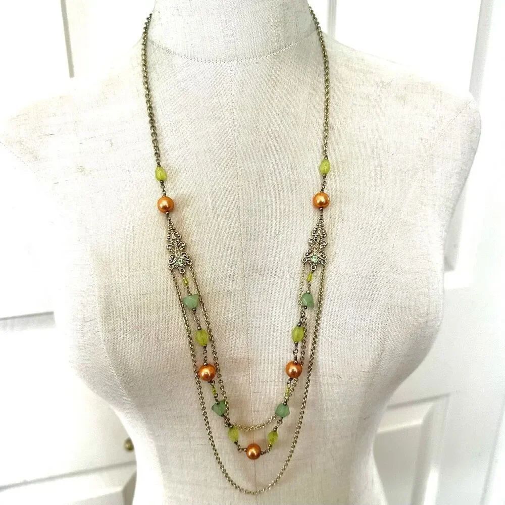1928 green gold tone double strand long necklace
